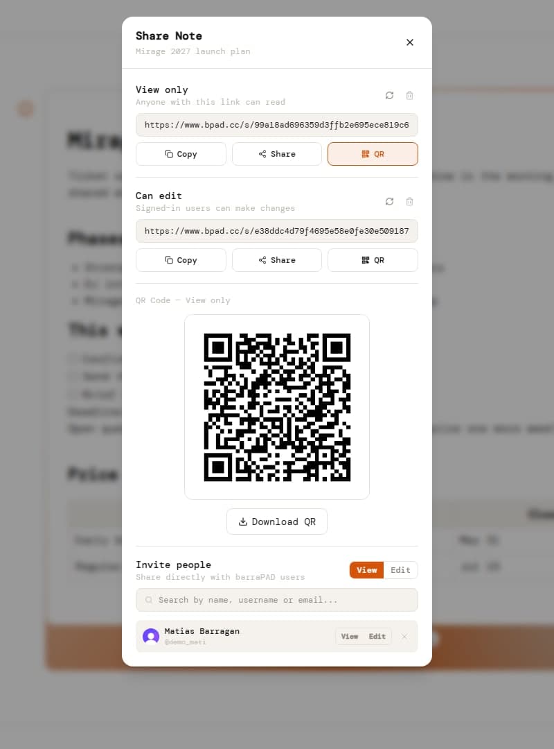 Modal de compartir: dos links, QR, invitaciones directas