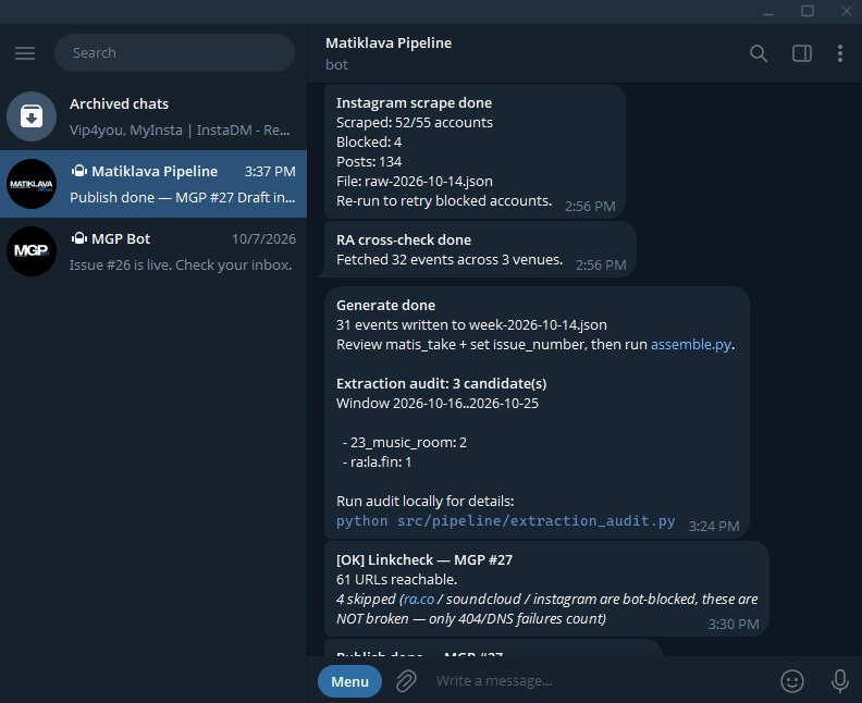 Chat de Telegram con el bot operador: reportes de rastreo, cruce, generación y links