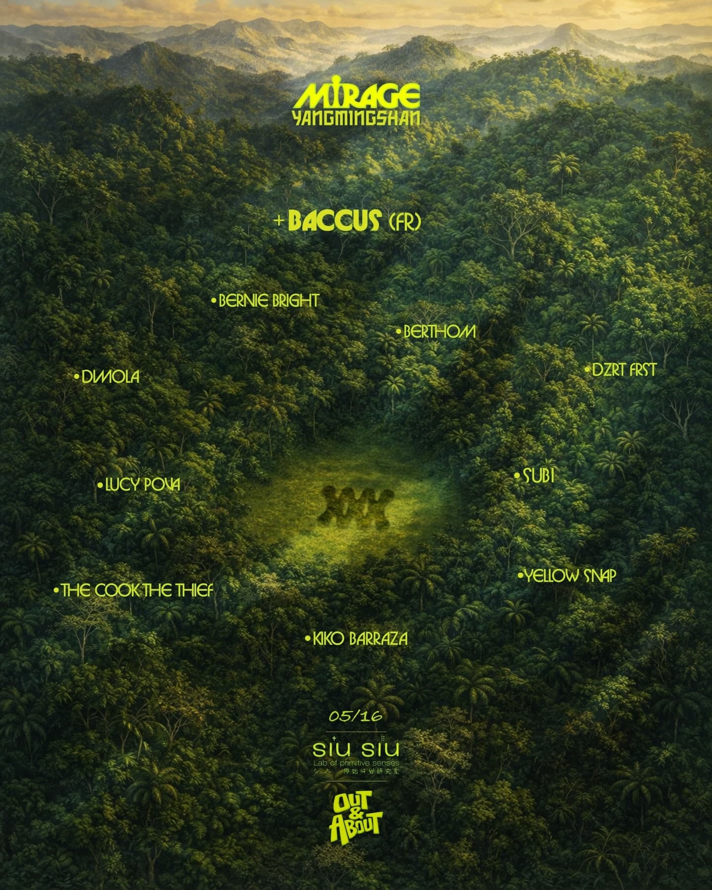Afiche de la pre-party Mirage Yangmingshan: un claro en el bosque y el lineup